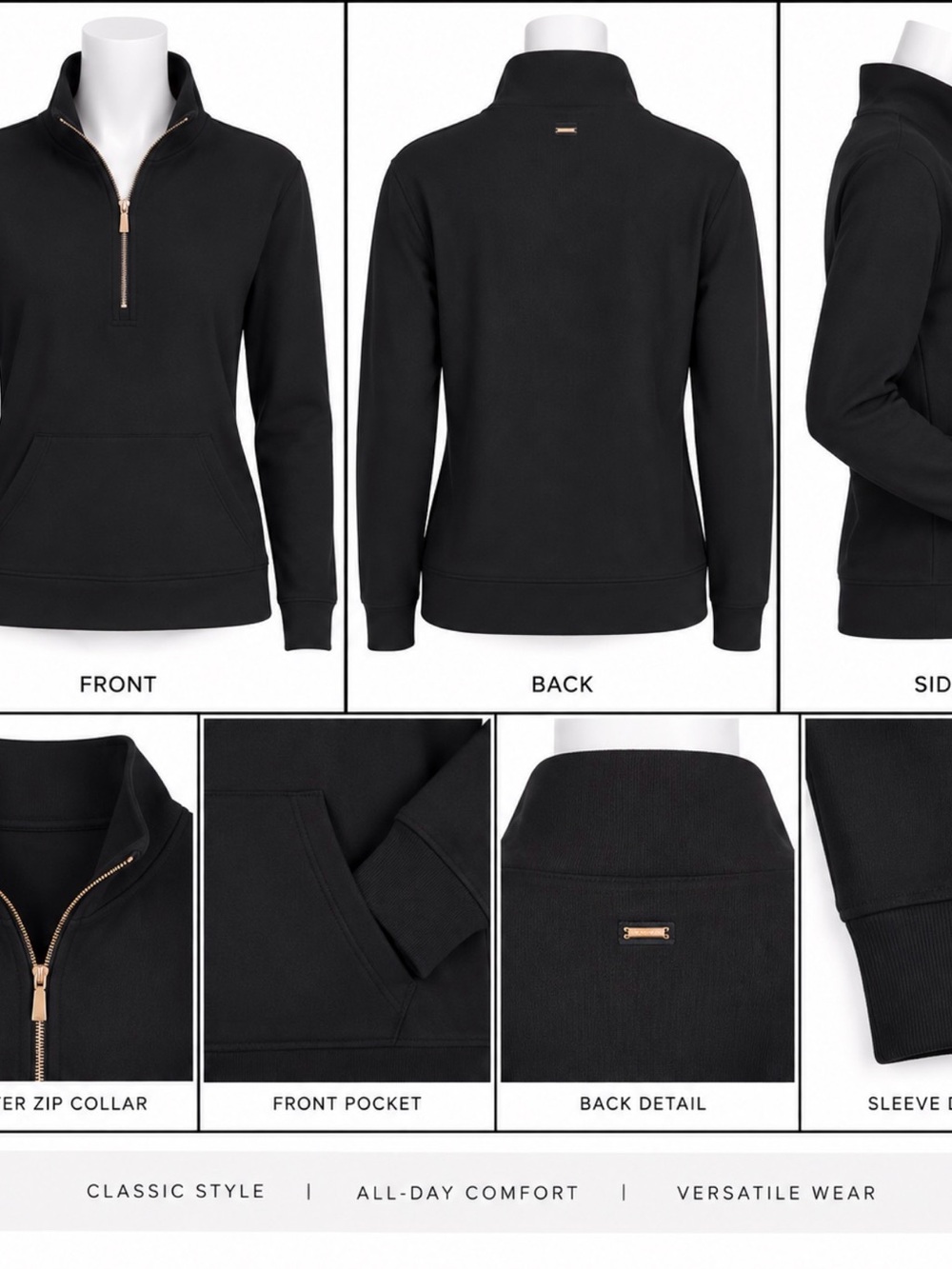 Skechers Black Quarter‑Zip Pullover with Rose‑Gold Zip